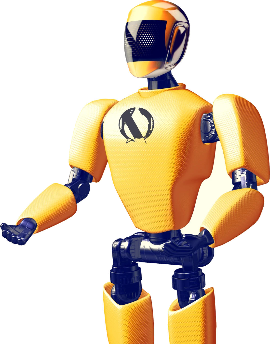 Quinn, the Quinndatum robot, three-quarter view.